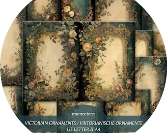 ornements victoriens, fleurs, cadres, page décorative, vieille papeterie, papiers numériques, journal indésirable