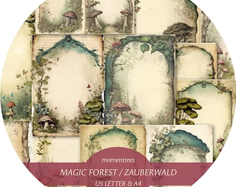 Könnte beinhalten: Acht doppelseitige druckbare Seiten mit fantasievollen Illustrationen eines Zauberwaldes mit Pilzen, Bäumen und Ranken. Die Seiten sind für die Verwendung mit US Letter oder A4 Papier konzipiert. Der Text "MAGIC FOREST / ZAUBERWALD" ist am unteren Rand des Bildes gedruckt.