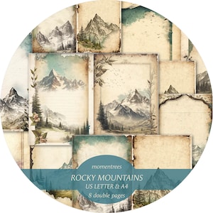Montagnes Rocheuses, montagnes, kit de journal de conte de fées, journal de randonnée, éphémères téléchargeables numériques vintage et cartes de scrapbooking d'accessoires