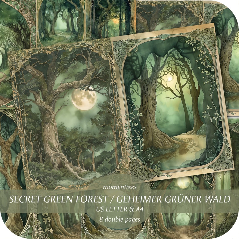 forêt verte mystérieuse arbres magiques papiers numériques télécharger journal kit scrapbooking kits de journal éphémère et accessoires scrapbook image 1