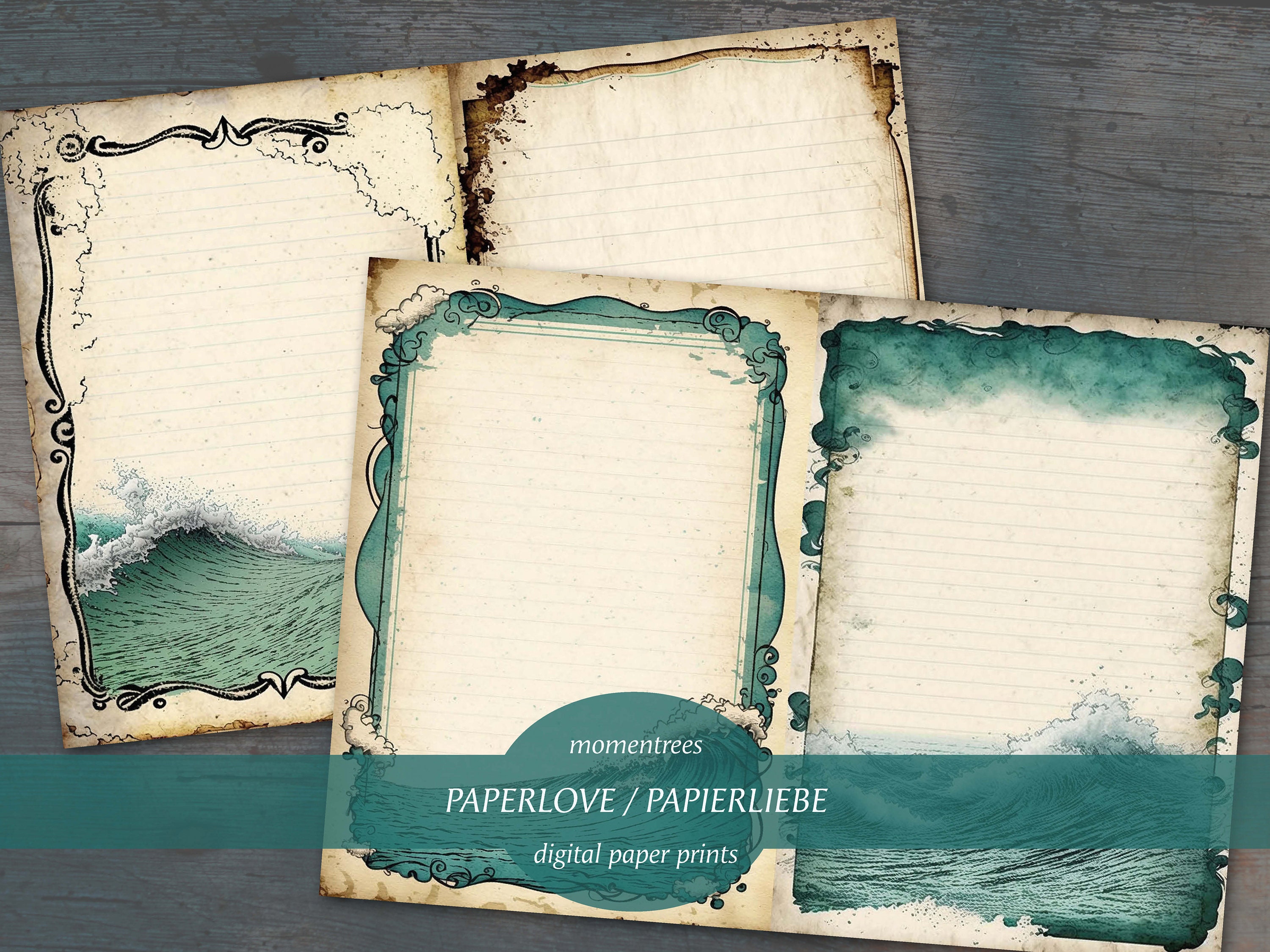 Linierte Ozean Papiere digital zum Download vintage Journal Kit