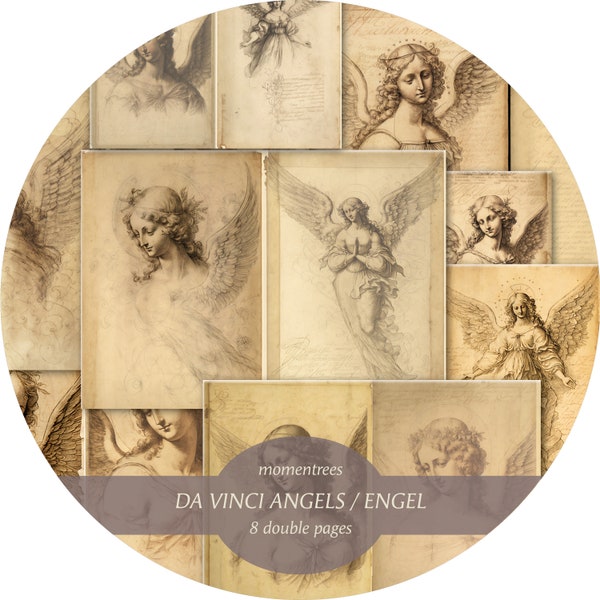 da Vinci angel mystical junk journal digital paper templates crafts vintage fairy pencil drawing scrapbooking ephemera fairy art DIY