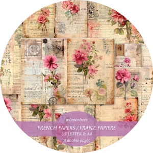 Français Papiers, modèles de journaux magiques avec écriture cursive, notes, fleurs éphémères numériques et accessoires cartes de scrapbooking art