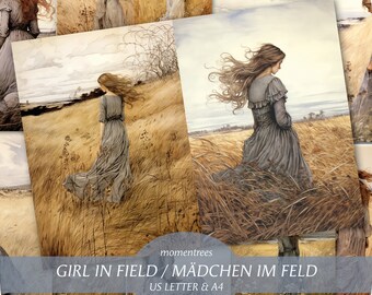 Scrapbooking, Girl in field of gras romantic Junk Journal dreamy paper horizon sunset wind