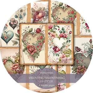 Día de San Valentín Día de la Madre Amor Corazones Flores Digital Hermoso Antiguo Barroco Vintage Papeles Páginas de Libros Descargar Junk Journal Craft Doble Página