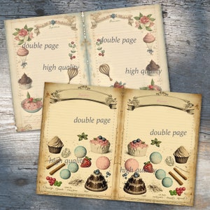 K&ouml;nnte beinhalten: Zwei ge&ouml;ffnete Notizb&uuml;cher im Vintage-Stil mit linierten Seiten. Die Seiten sind mit Bildern von Cupcakes, Geb&auml;ck und anderen Backmotiven verziert. Der Text "Doppelte Seite" und "Hohe Qualit&auml;t" steht auf den Seiten.