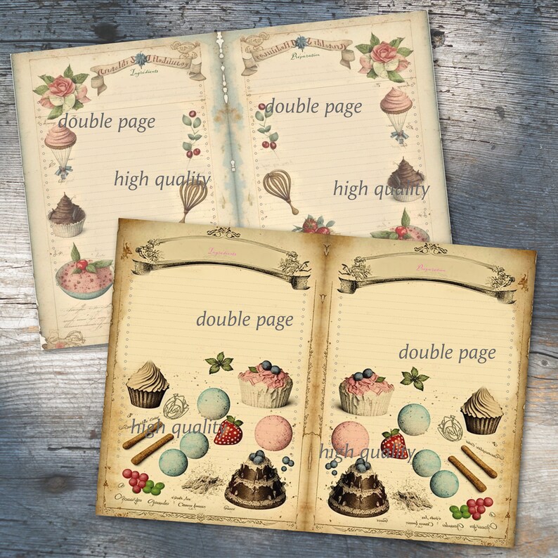 K&ouml;nnte beinhalten: Zwei ge&ouml;ffnete Notizb&uuml;cher im Vintage-Stil mit linierten Seiten. Die Seiten sind mit Bildern von Cupcakes, Geb&auml;ck und anderen Backmotiven verziert. Der Text "Doppelte Seite" und "Hohe Qualit&auml;t" steht auf den Seiten.