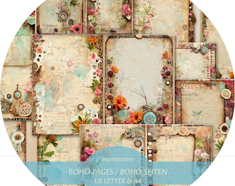 Boho Floral Journal Pages: Vintage Ephemera, Scrapbook Paper (Digital Download)