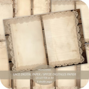 Könnte beinhalten: Acht doppelseitige digitale Papiere mit einer Spitzenbordüre und einem Holzmaserungshintergrund. Das Papier ist cremefarben und hat einen Vintage-Look. Der Text "LACE DIGITAL PAPER / SPITZE DIGITALES PAPIER US LETTER & A4 8 double pages" befindet sich am unteren Rand des Bildes.