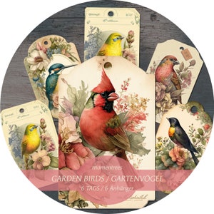 Vintage flores jardín pájaros colgante, regalo, diario efímero Scrapbooking etiqueta Pascua cumpleaños boda jardín pájaros cantores
