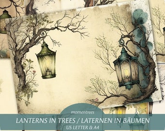 May include: Eight printable pages featuring illustrations of lanterns hanging from bare branches of trees. The pages are designed for use with US Letter and A4 paper sizes. The title "Lanterns in Trees / Laternen in Bäumen" is displayed at the bottom of the image.