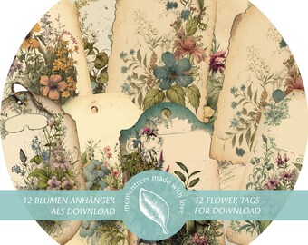 Vintage Floral Gift Tags: Junk Journal Ephemera (Digital Download)