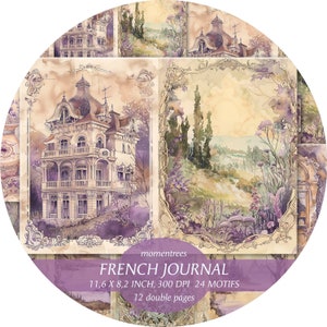 Zestaw do cyfrowego dziennika śmieciowego French Diary, kolaż lawendowy do druku, lato, papier, krajobraz winnic