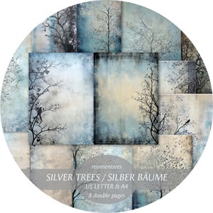 以下が含まれることがあります： 青い水彩の背景とシルエットの木々を組み合わせたコラージュが8ページの両面で構成されたデジタルペーパーパックです。画像の下部に「Silver Trees / Silber Bäume」というテキストがあります。「US Letter & A4」と「8 double pages」のテキストも含まれています。