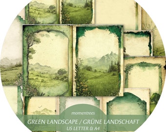 Green Landscape digital papers to download vintage stationery journal kit scrapbooking Ephemera journal kits and scrapbook paper supplies