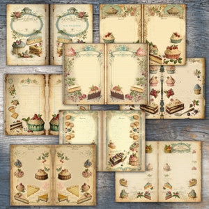 K&ouml;nnte beinhalten: Ein Satz druckbarer Rezeptjournal-Seiten im Vintage-Stil mit Illustrationen von Kuchen, Geb&auml;ck und Beeren. Die Seiten sind mit einem hellbraunen Hintergrund gestaltet und haben einen abgenutzten Look. Der Text auf den Seiten lautet "En Cuisine" und "Recettes de Cuisine".