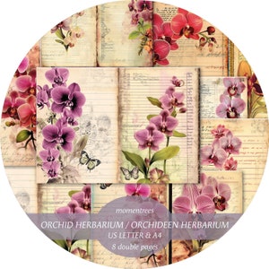 Scrapbooking, orchidées vintage papier herbier numérique vieux livre pages scrapbooking éphémères journal kits page de fond