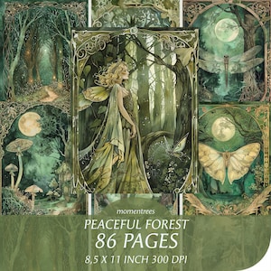 Friedlicher Wald, Wald, Bäume, Fee, Wolf, Bär, Waldtiere, Einhorn, Junk Journal, digitales Papier, Scrapbook, bündeln, druckbare Bilder