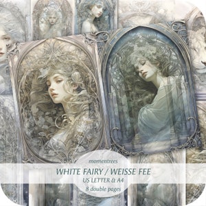 Puede incluir: Una hoja de collage digital con ocho páginas dobles de hadas blancas en marcos ornamentados. La hoja de collage se titula "White Fairy / Weisse Fee" e incluye el texto "US Letter & A4".