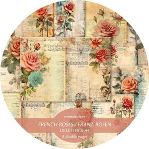 Français Roses, modèles de journaux magiques avec cursive, notes, fleurs éphémères numériques et accessoires cartes de scrapbooking art