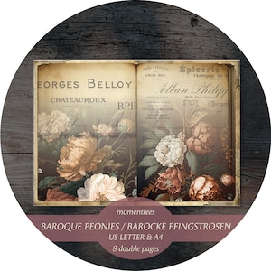 Barokke pioenrozen dagboek kit vintage digitaal voor download ephemera en accessoires scrapbooking lente zomerbloemen tuin oud boek