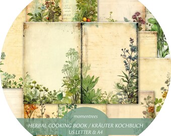 Könnte beinhalten: Ein druckbares Kräuterkochbuch mit 8 Doppelseiten. Die Seiten haben ein Vintage-Design mit botanischen Illustrationen und handschriftlichem Text. Das Buch ist in den Formaten US Letter und A4 erhältlich. Der Text auf dem Cover lautet "Herbal Cooking Book / Kräuter Kochbuch, US Letter & A4, 8 Doppelseiten".