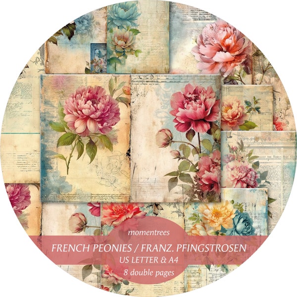 Francés Peonías, plantillas mágicas de diarios basura con guiones, notas, flores, efímeras digitales y accesorios, arte de tarjetas de scrapbooking