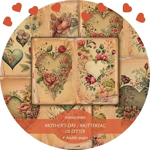 Día de la Madre Amor Corazones Flores digitales hermosos viejos papeles vintage barrocos páginas de libros descargar diario basura artesanía impresión de doble página