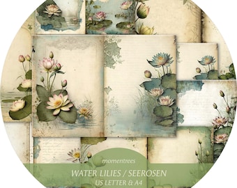 Water Lilies Digital Paper: Vintage Journal Kit (A4/US Letter) (Digital Download)
