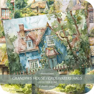 Maison de grand-père Maison de campagne romantique à l'aquarelle dans le jardin romantique nostalgique envahi de fleurs et de plantes La maison de mes grands-parents