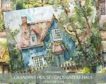 Grandfather's House Watercolor Print: Romantic Cottage Garden (Digital Download)