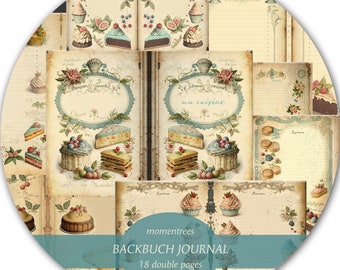 Könnte beinhalten: Ein Journal im Vintage-Stil mit einem blauen und weißen Umschlag, der verschiedene Gebäckstücke und Desserts zeigt. Der Umschlag enthält auch den Text "momentrees BACKBUCH JOURNAL 18 Doppelseiten".