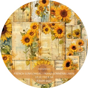 francese Girasoli, modelli di diario spazzatura magico con scrittura in corsivo, spartiti, fiori effimeri digitali e accessori, carte da scrapbooking e arte