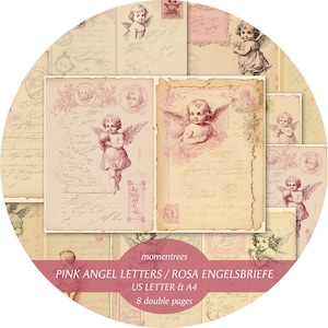 PINK ENGEL BUCHSTABEN Junk Journal Kit, Postkarte Junk Journal Seiten, Engel, Amor, Putten, Junk Journal druckbares Papier, digitaler Engel