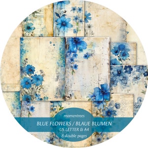 fiori blu, modelli di diario magico con corsivo, spartiti, oggetti effimeri digitali floreali e carte con accessori artistici