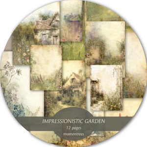 Scrapbooking, modelli di carta digitale per diario spazzatura da giardino impressionista, artigianato botanico vintage ricoperto di fiori, arte cottage