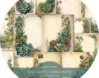 Succulents Digital Paper: Vintage Journal Kit (A4 & US Letter)