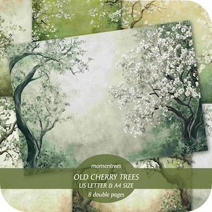 Digitale papieren Old Cherry Trees om vintage briefpapier en dagboekpakket te downloaden, scrapbooking Ephemera-dagboekkits en plakboekpapier Forest