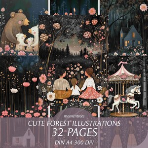 Papeles digitales con LINDAS ILUSTRACIONES DE BOSQUES, diario con flores y bosques oscuros, lindas páginas vintage para diarios de niñas
