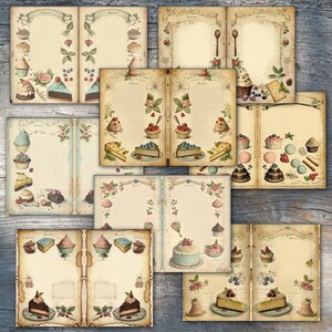 K&ouml;nnte beinhalten: Ein Satz druckbarer Rezeptjournal-Seiten im Vintage-Stil mit Illustrationen von Kuchen, Geb&auml;ck und Desserts. Die Seiten haben einen cremefarbenen Hintergrund mit braunen Linien und sind mit floralen Akzenten verziert.