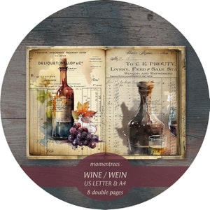 Wijn oud boek dagboek kit vintage digitaal voor download ephemera en accessoires wijnfles druiven wijnglas Franse vin