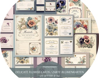 cartes florales délicates, collection de cartes, vintage, éphémères numériques, marque-places, pendentifs de cartes de vœux