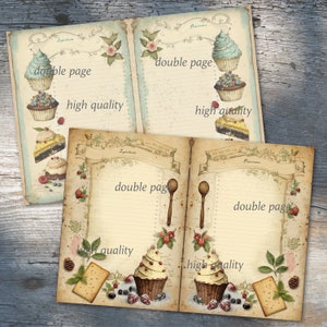 K&ouml;nnte beinhalten: Zwei ge&ouml;ffnete Rezeptb&uuml;cher mit Seiten f&uuml;r Zutaten und Zubereitung. Die Seiten sind liniert und haben einen Vintage-Look. Die Seiten sind mit Cupcakes, Beeren und anderen Back-Motiven verziert. Der Text auf den Seiten lautet "Doppelte Seite" und "Hohe Qualit&auml;t".