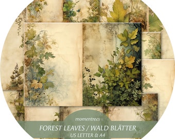 green leaves background, forest plants, background page, old stationery, digital papers, junk journal