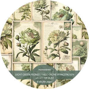 Verdure de pivoines vert clair, Junk Journal, pivoine verte vintage, Junk Journal Fleurs en papier imprimables, Fleurs numériques, Kit de roses vertes