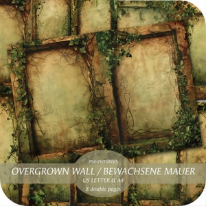 Könnte beinhalten: Digitales Papierpaket "Überwucherte Mauer" / "Bewachsene Mauer" mit 8 Doppelseiten im US Letter- und A4-Format. Das digitale Papier zeigt eine alte, abgenutzte und überwucherte Mauer mit Ranken und Blättern.