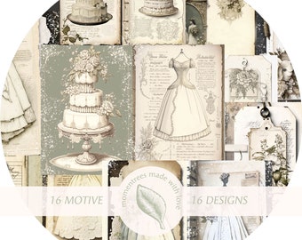Könnte beinhalten: Eine Collage von Bildern im Vintage-Stil mit Hochzeitstorten, einer Brautkleidskizze und floralen Elementen. Die Farbpalette ist weich, mit Creme-, Beige- und gedämpften Grüntönen. Der Text enthält "16 MOTIVE" und "16 DESIGNS".
