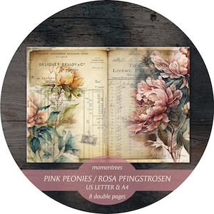 Zestaw do dziennika „Peonies Journal Kit” w wersji cyfrowej do pobrania, efemerydy i materiały do scrapbookingu, wiosna, lato, kwiaty, ogród, stara książka