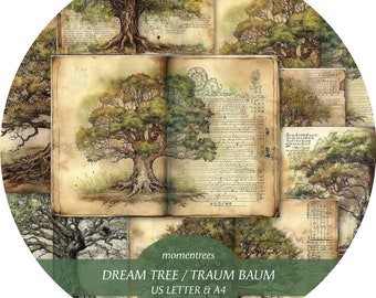 Pode incluir: Uma colagem de páginas em estilo vintage com ilustrações de árvores. A imagem central é um livro aberto com um desenho detalhado de uma árvore. O texto diz "momentrees DREAM TREE / TRAUM BAUM US LETTER & A4 8 double pages."