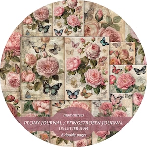 Pivoines Romantique Floral Journal papiers vintage numériques pages de vieux livres scrapbooking kits de journal éphémère page de fond